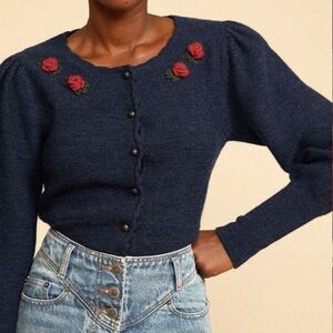 Rouje Anile Cardigan in Navy Blue, Size 36 (Small). Floral Embroidered Cardigan.